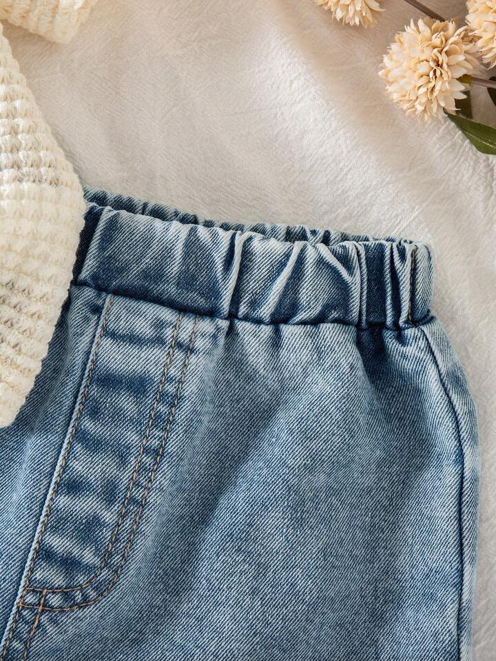 2pcs Baby Girls Ruffled Collar Puff Sleeve Top And Denim Shorts