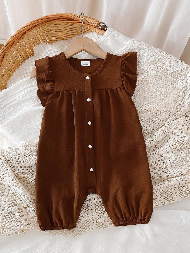 2pcs Baby Girls' Solid Color Vintage Floral Print Ruffle Sleeve Romper