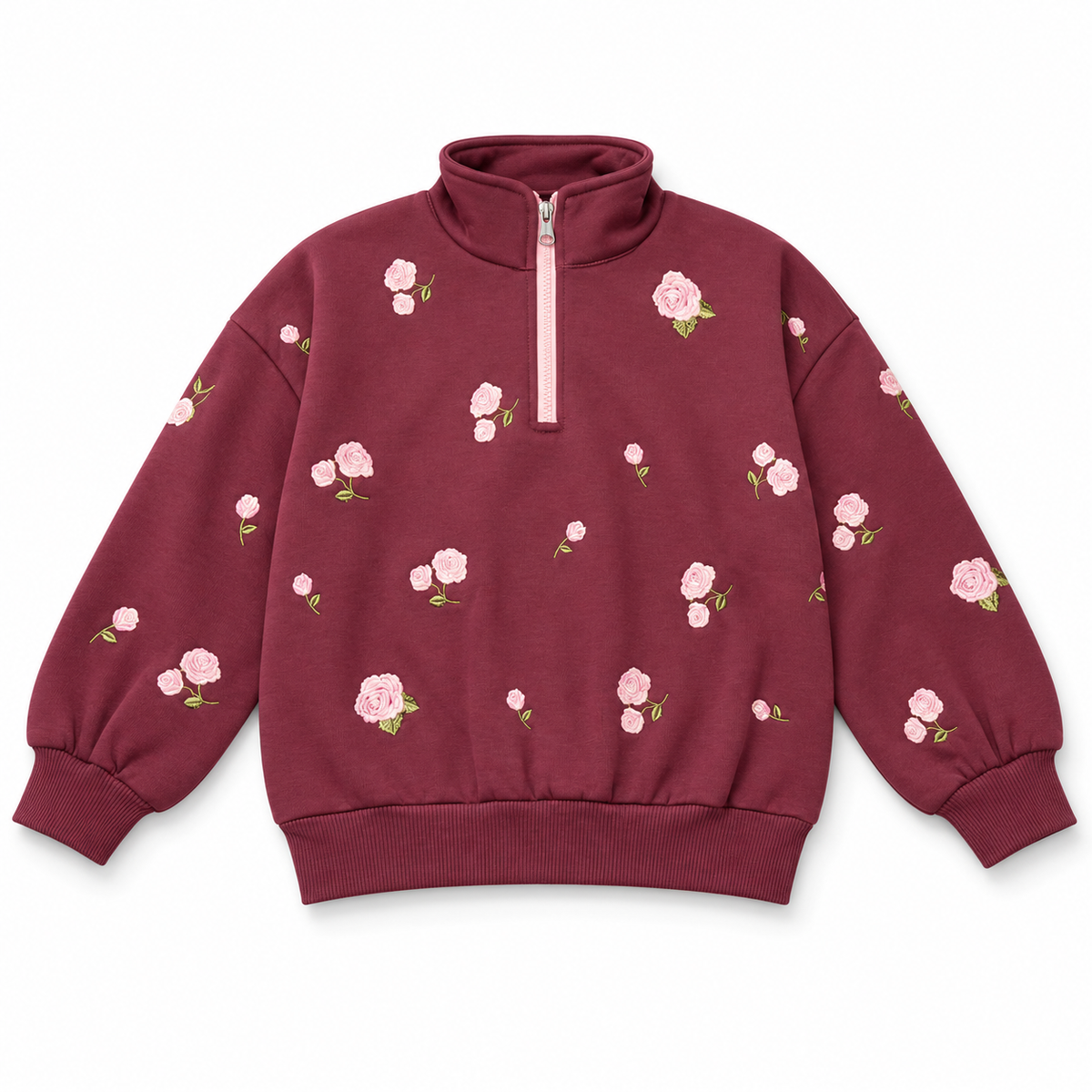 Girls Rose Embroidered Half-Zip Sweatshirt