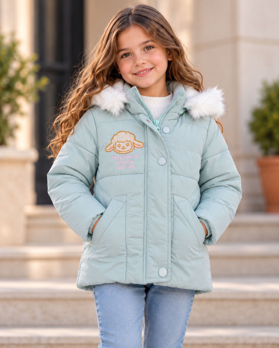 Mint Green Jacket with Fur Hood - Kids Story 8101