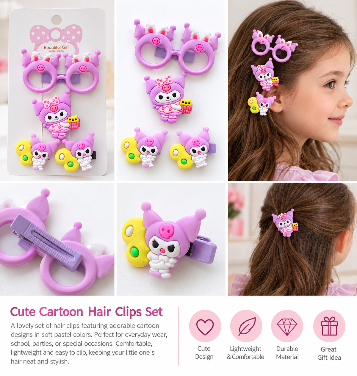 Cute Purple & Black Cartoon Hair Clip Set for Girls