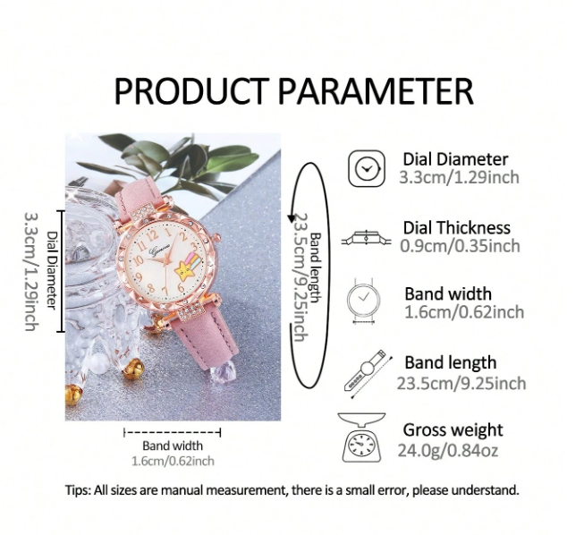 5pcs Pink Star Design Children Quartz Watch With Butterfly Necklace, Bracelet And Earrings Set