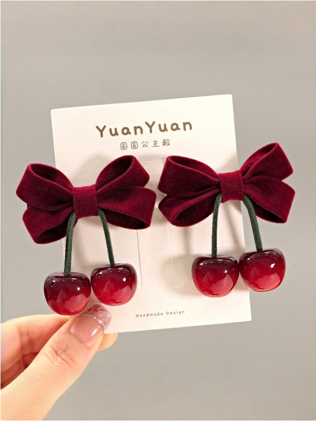 2pcs Vintage Velvet Bow Cherry Hair Clips For Girls, Cute Side Clips For Braiding Hair