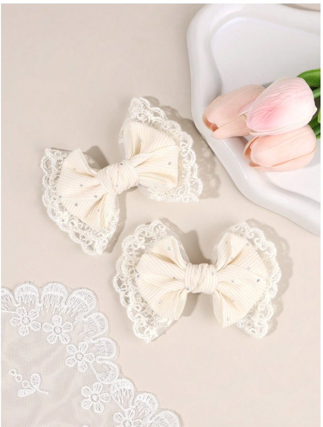 2pcs Beige Girls Hair Clips, Solid Color Corduroy Lace Bow With Rhinestones Elegant Hair Clips, Suitable For Daily And Party, Children Hair Accessories