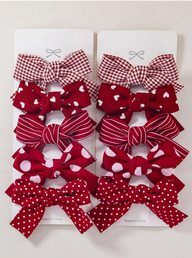 5pcs/Set Girls' Red Plaid, Heart, Polka Dot Print Fabric Bow Cute Hair Clips, Hair Accessories For Daily Use