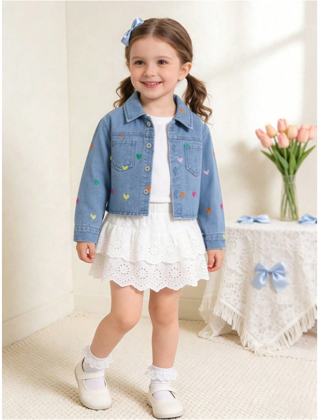Girls Denim Jacket, Asymmetrical Colorful Heart Embroidery