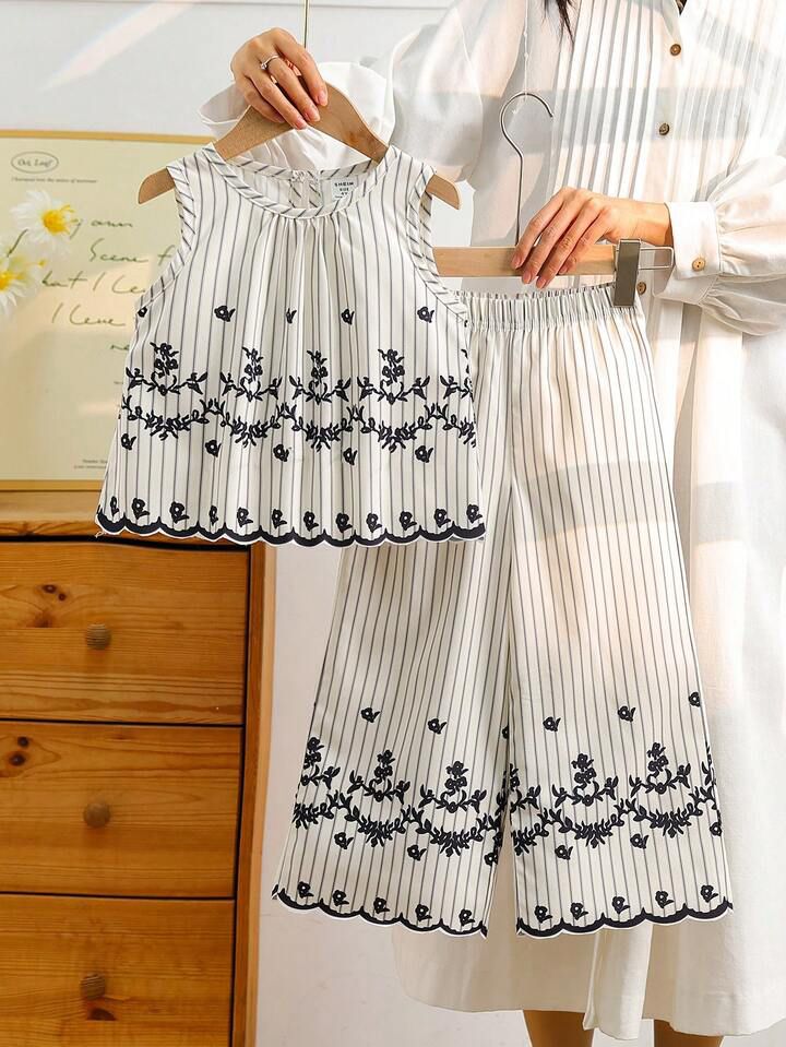 Girl Floral Striped Top And Wide Leg Pants Set