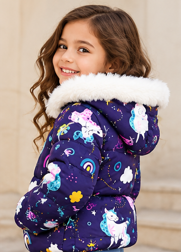 Navy Unicorn Jacket with Fur Hood - Kids Story 8003