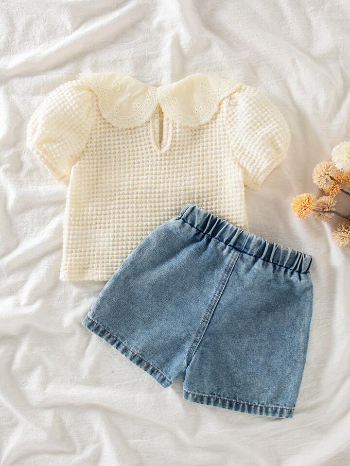 2pcs Baby Girls Ruffled Collar Puff Sleeve Top And Denim Shorts
