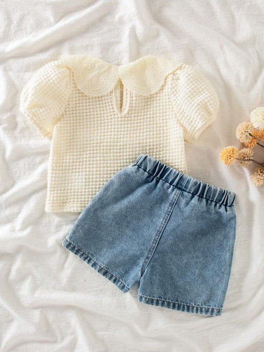 2pcs Baby Girls Ruffled Collar Puff Sleeve Top And Denim Shorts