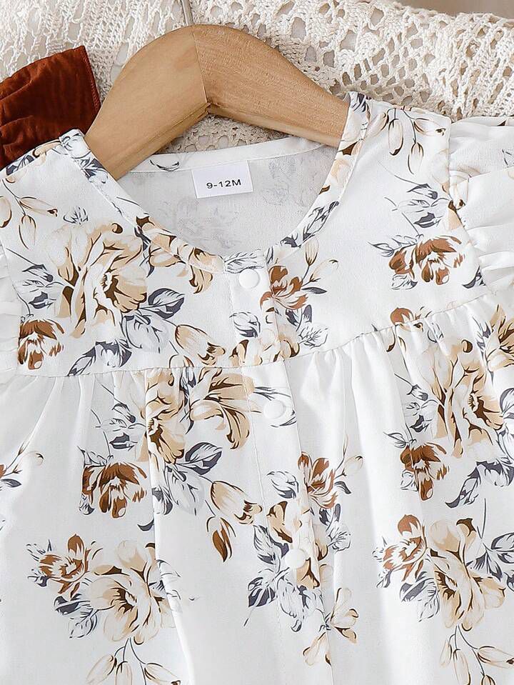 2pcs Baby Girls' Solid Color Vintage Floral Print Ruffle Sleeve Romper