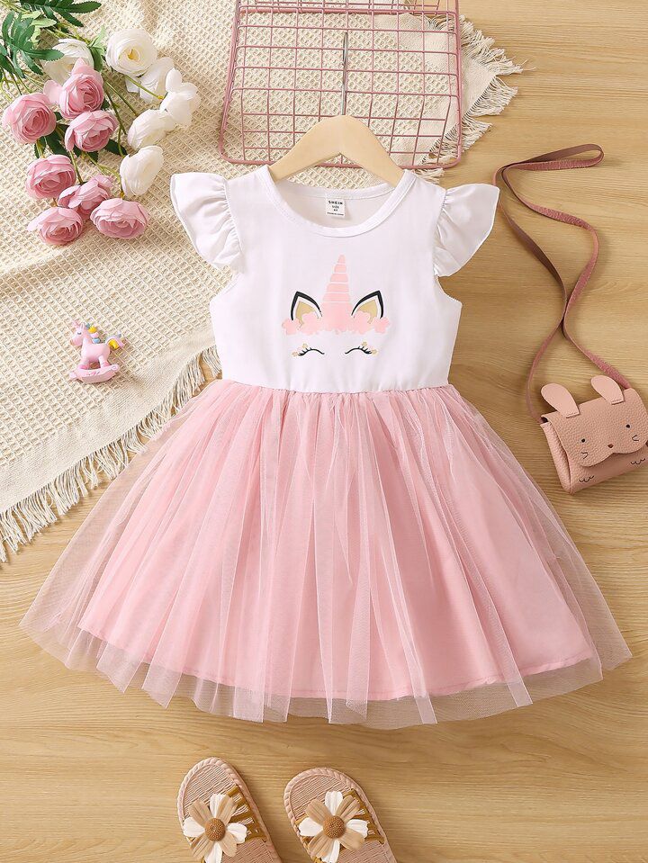 Girl Ruffle Unicorn Print Mesh Dress