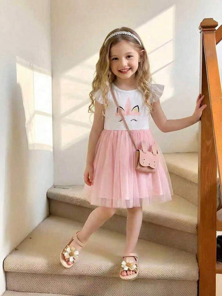 Girl Ruffle Unicorn Print Mesh Dress