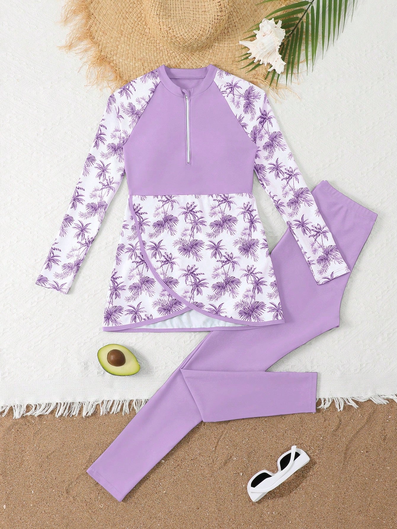 Tween Girls Purple Modest Swimwear, Long-Sleeved Top & Pants 2pcs