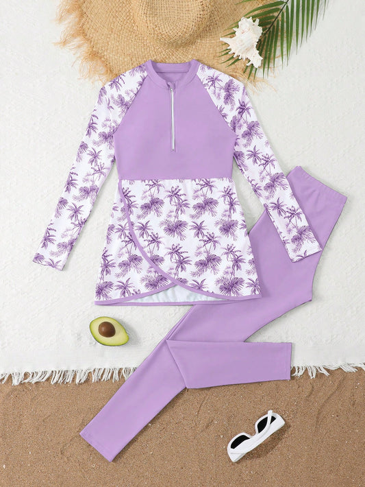 Tween Girls Purple Modest Swimwear, Long-Sleeved Top & Pants 2pcs