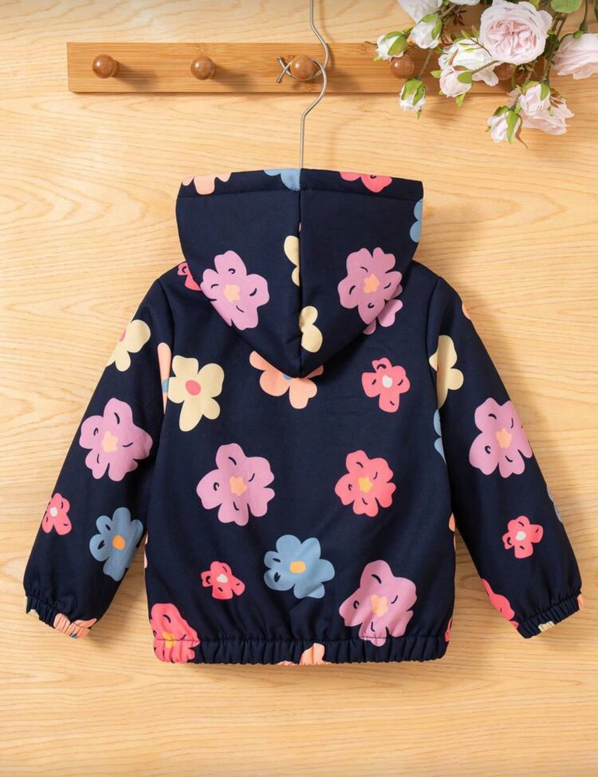 Young Girl Casual Floral Print Zip-Up Hooded Fleece Jacket, Outdoor Fashion, Autumn/Winter