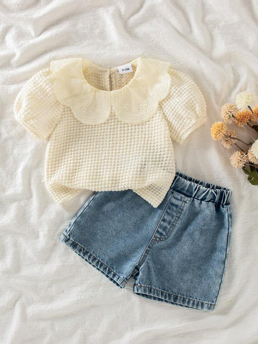 2pcs Baby Girls Ruffled Collar Puff Sleeve Top And Denim Shorts
