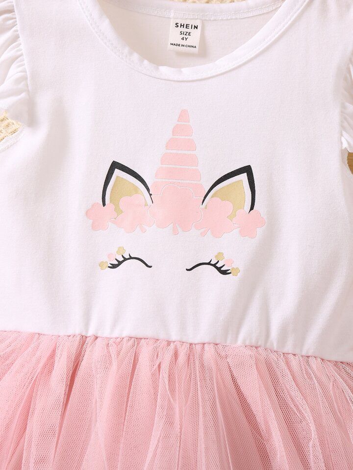 Girl Ruffle Unicorn Print Mesh Dress