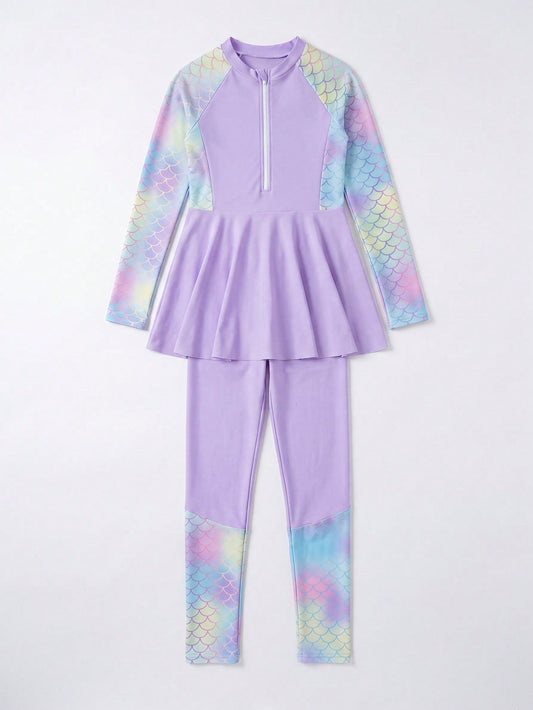 Tween Girls Cute Purple Swimsuit Set