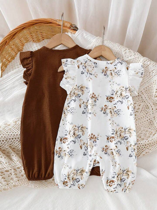 2pcs Baby Girls' Solid Color Vintage Floral Print Ruffle Sleeve Romper