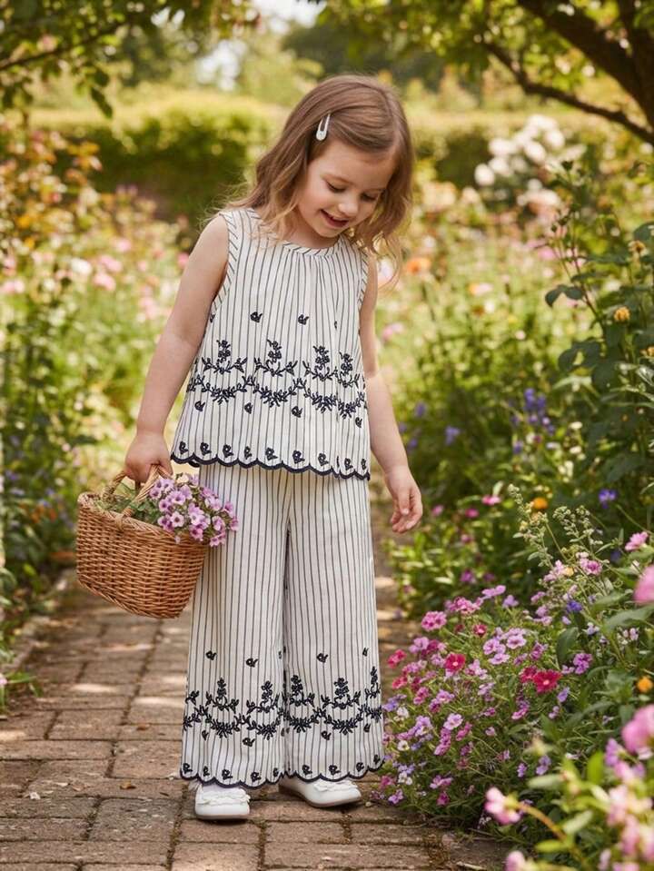 Girl Floral Striped Top And Wide Leg Pants Set