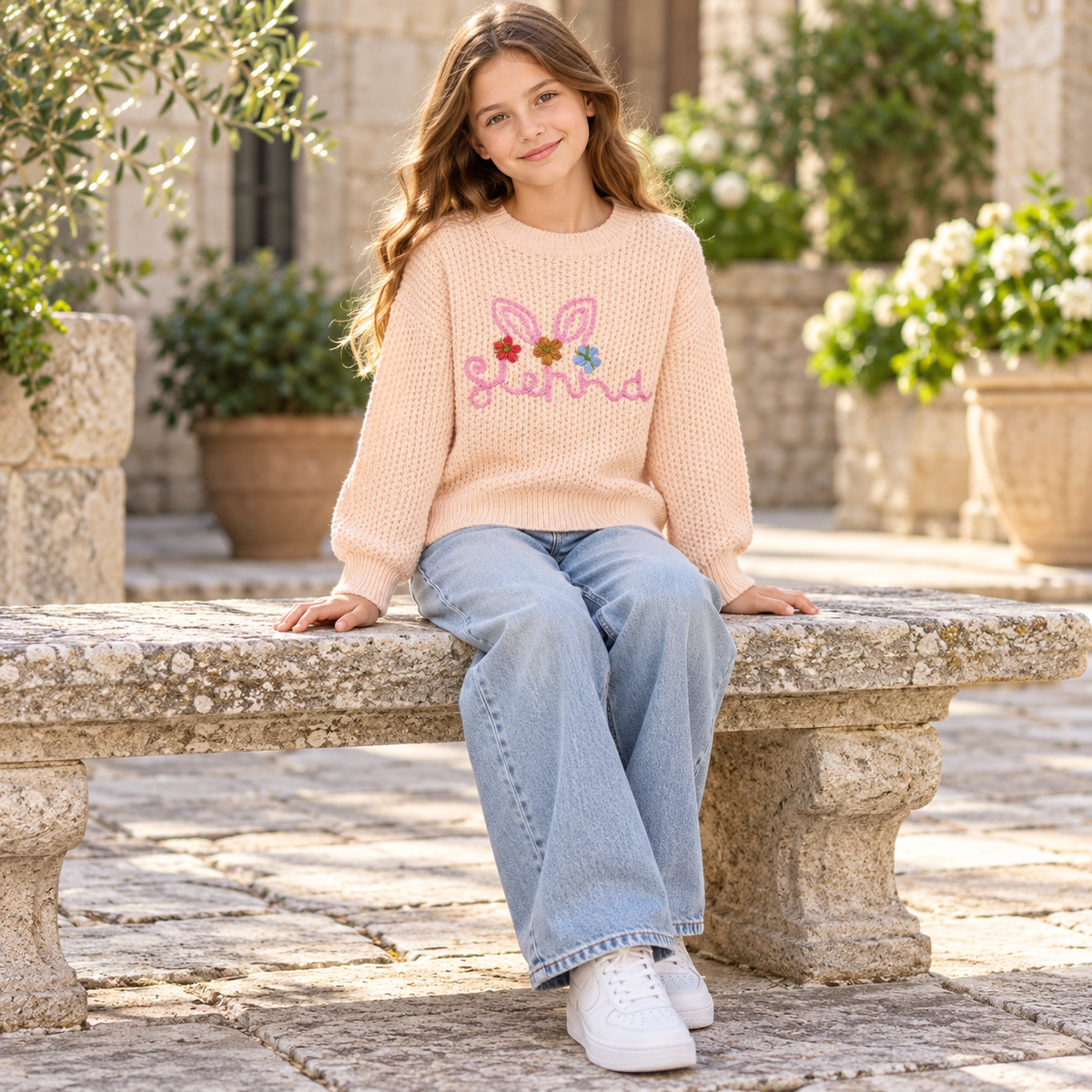Girls Knitted Sweatshirt - Bunny Ears Embroidery