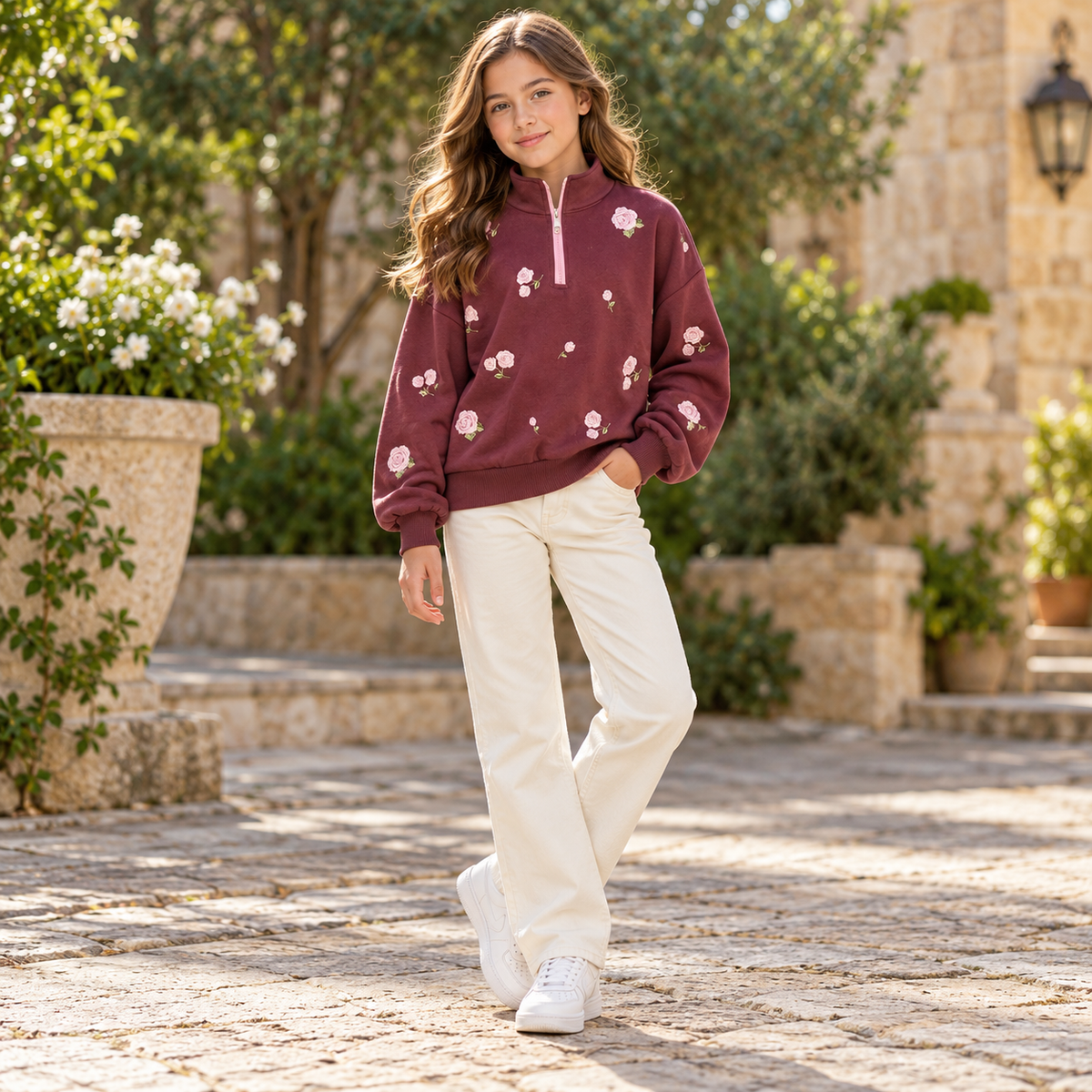 Girls Rose Embroidered Half-Zip Sweatshirt