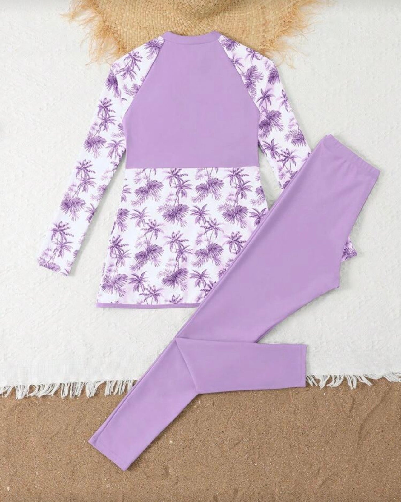 Tween Girls Purple Modest Swimwear, Long-Sleeved Top & Pants 2pcs