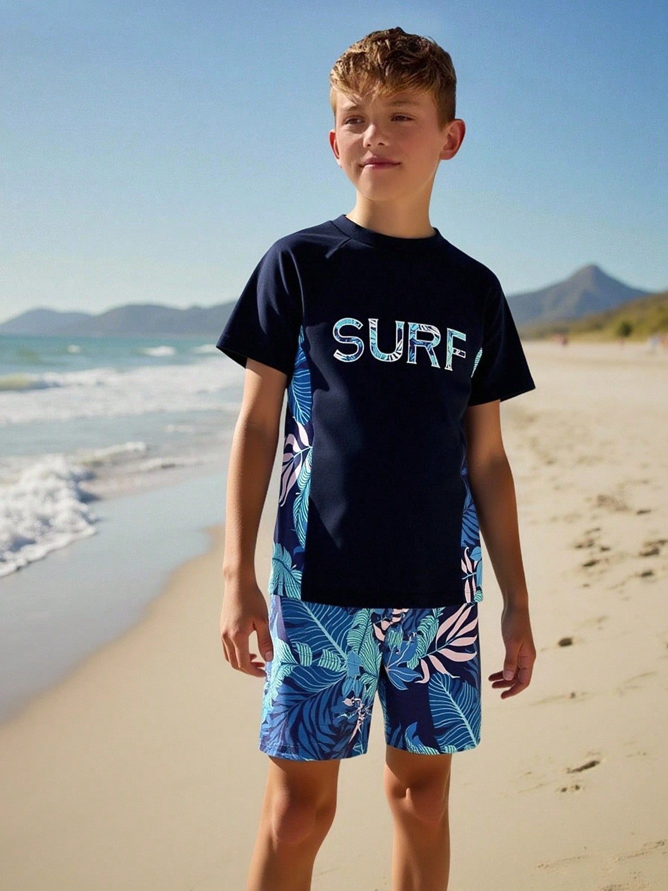 Tween Boys' Swimsuit, Top With Placement Print, Bottom With Random Print