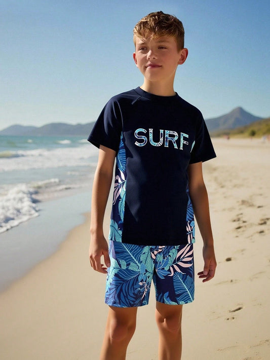 Tween Boys' Swimsuit, Top With Placement Print, Bottom With Random Print