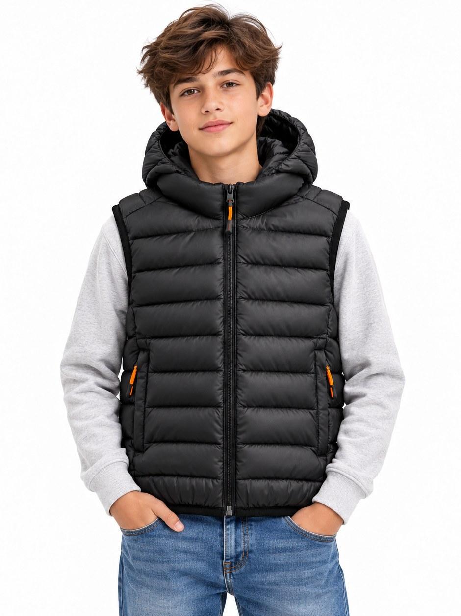 Boys Hooded Puffer Vest - Black Quilted Sleeveless Winter Jacket