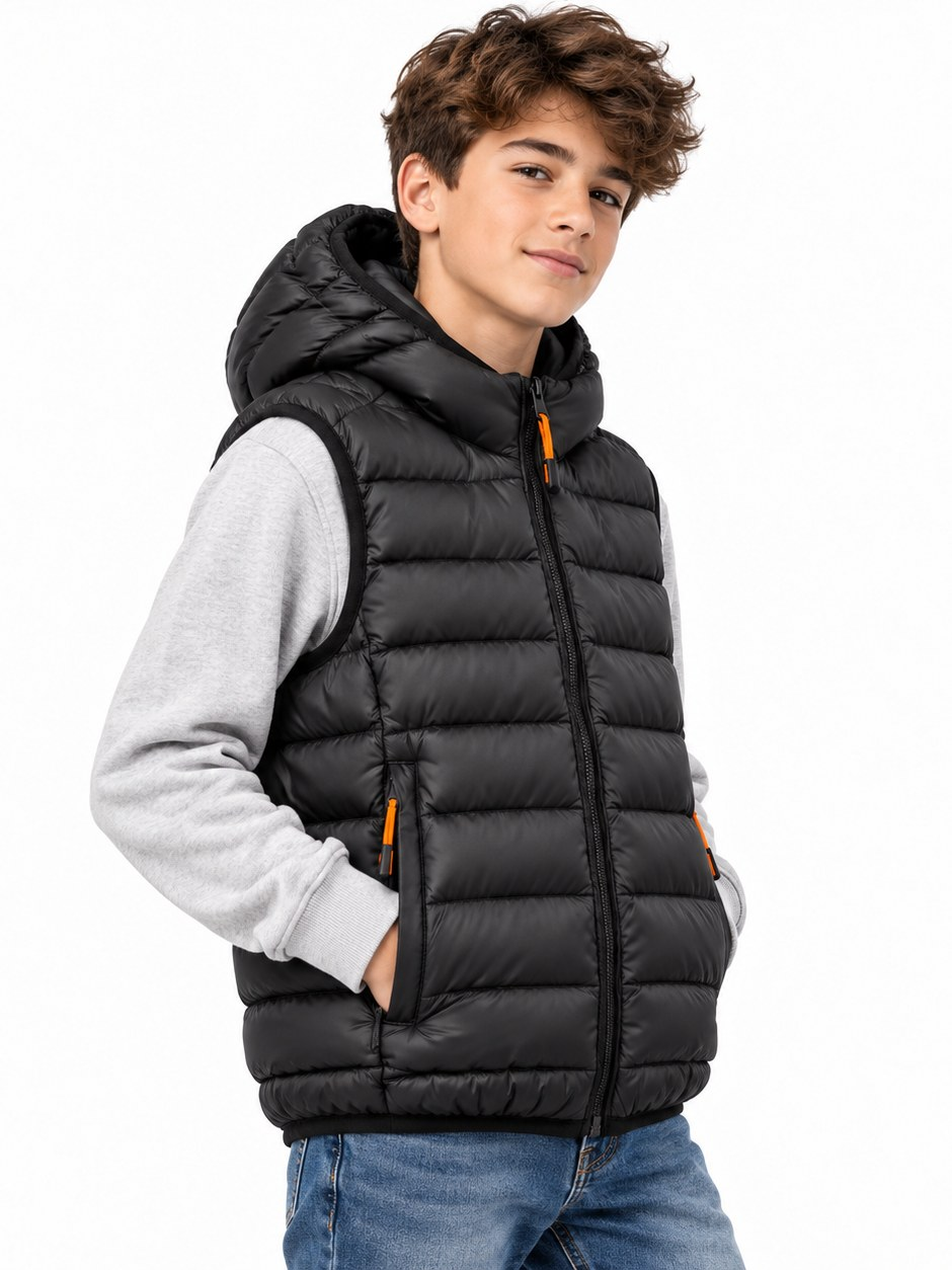 Boys Hooded Puffer Vest - Black Quilted Sleeveless Winter Jacket