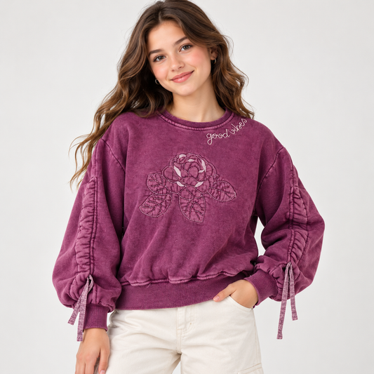 Girls Quilted Rose Fleece Sweatshirt - Washed Plum