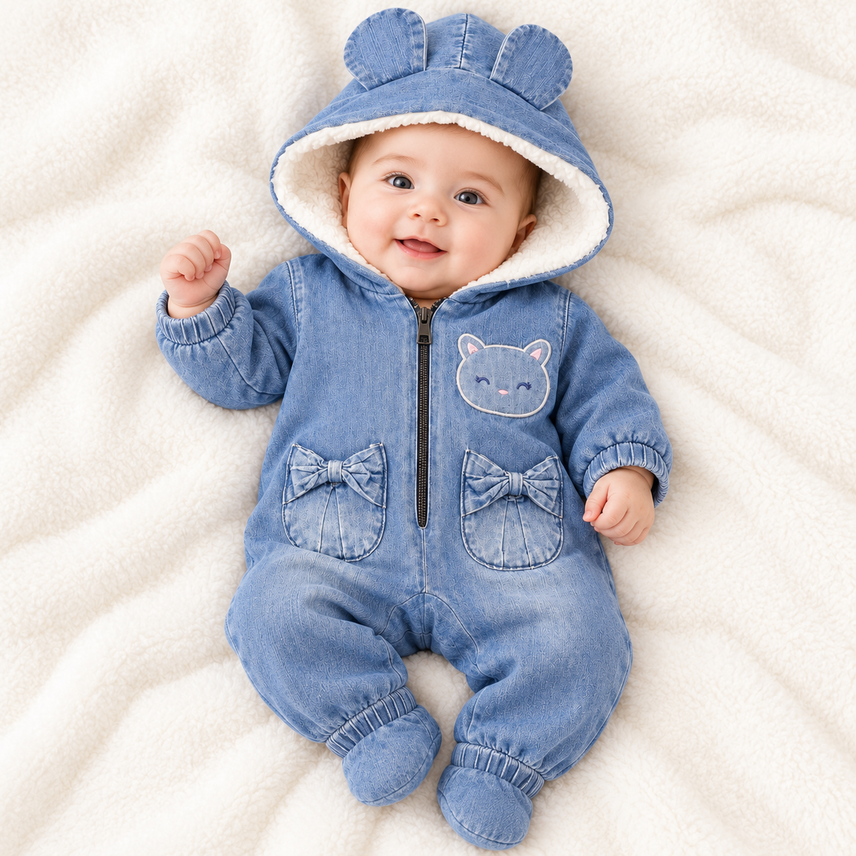 Small Baby Lined Denim Slopet with Kitty & Bow Pockets