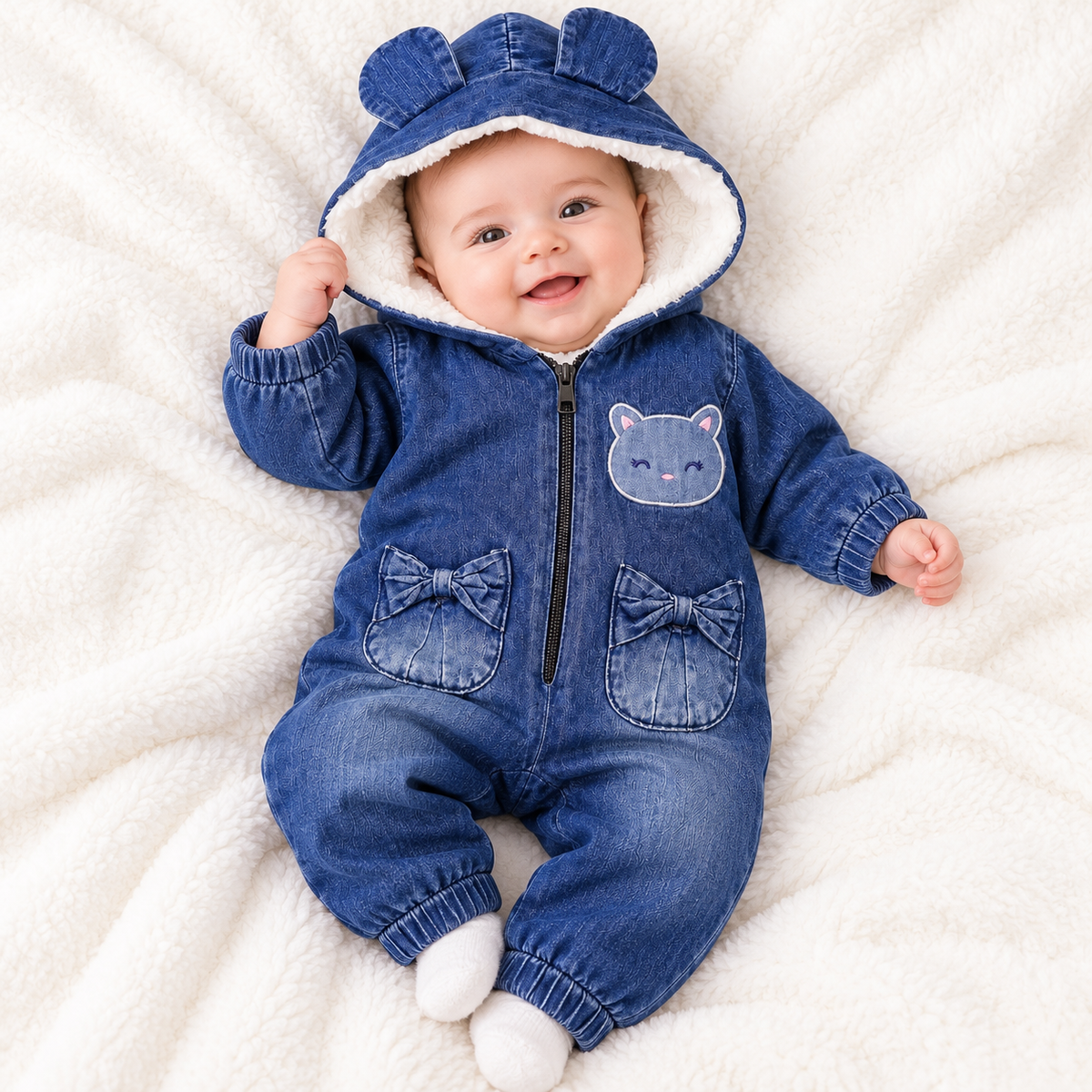 Small Baby Lined Denim Slopet with Kitty & Bow Pockets