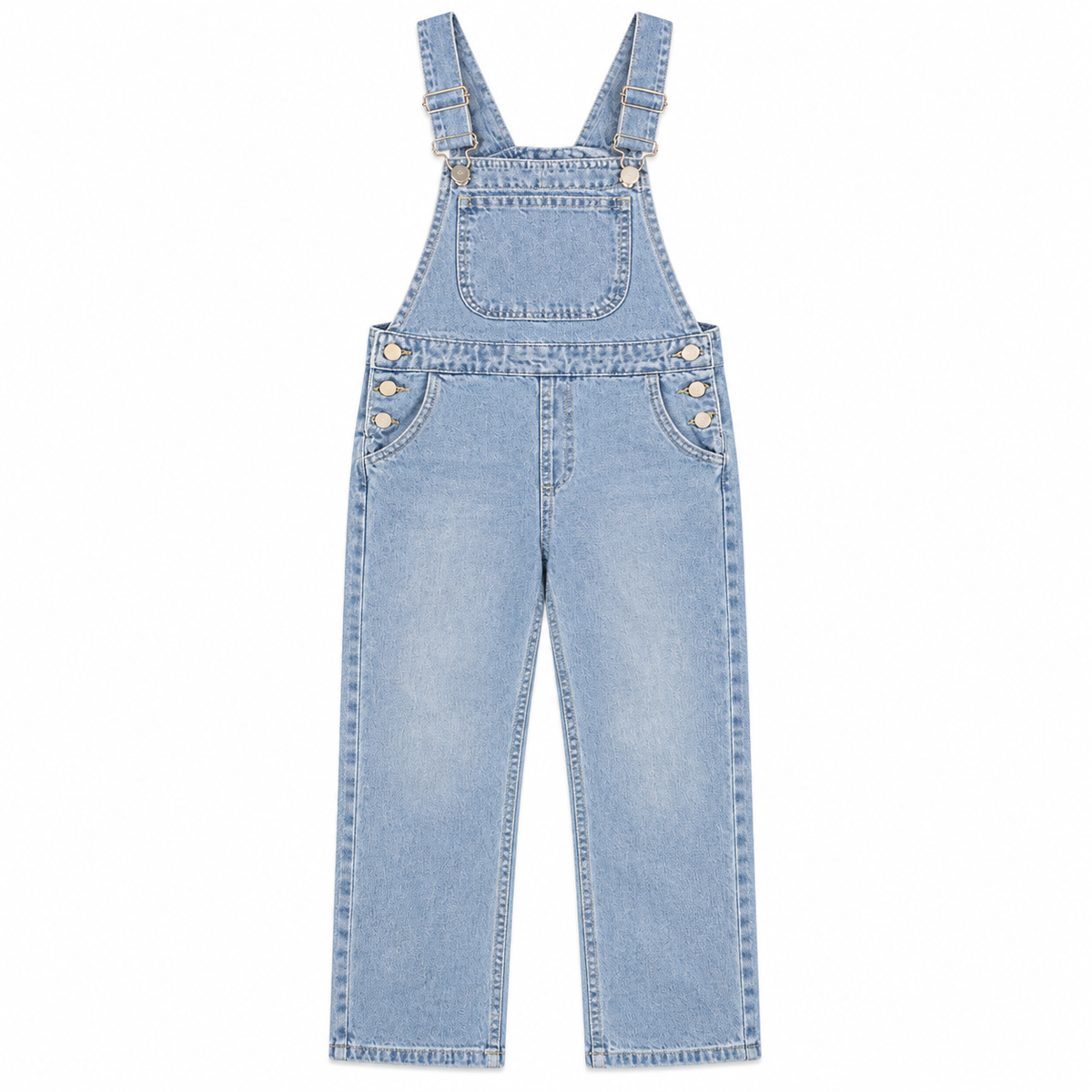 Girls Light Wash Denim Overalls Textured Salopette with Gold Buttons