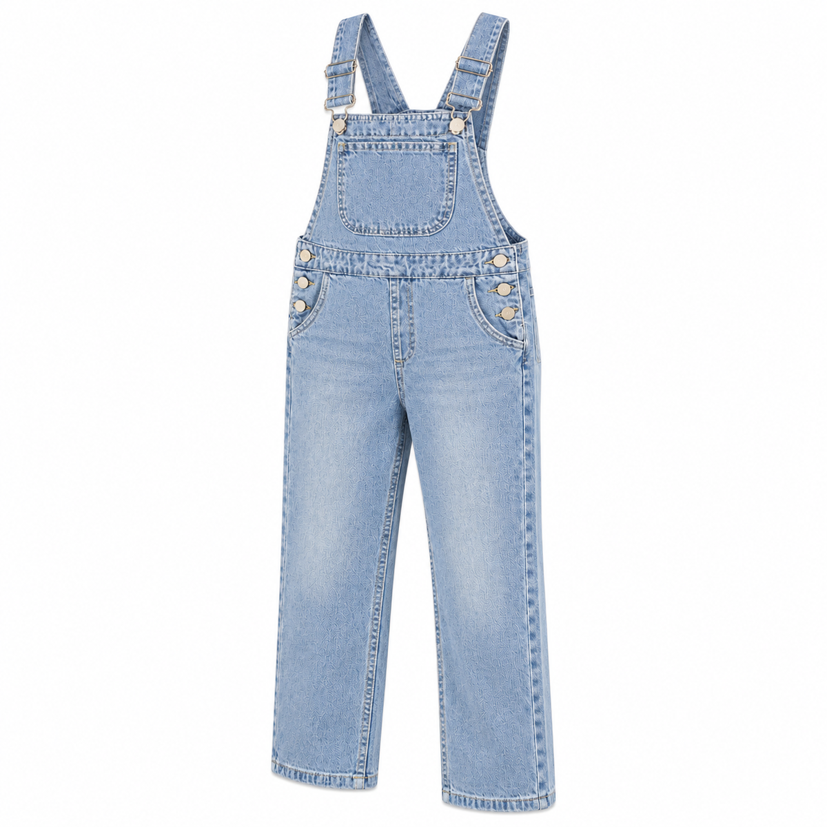 Girls Light Wash Denim Overalls Textured Salopette with Gold Buttons