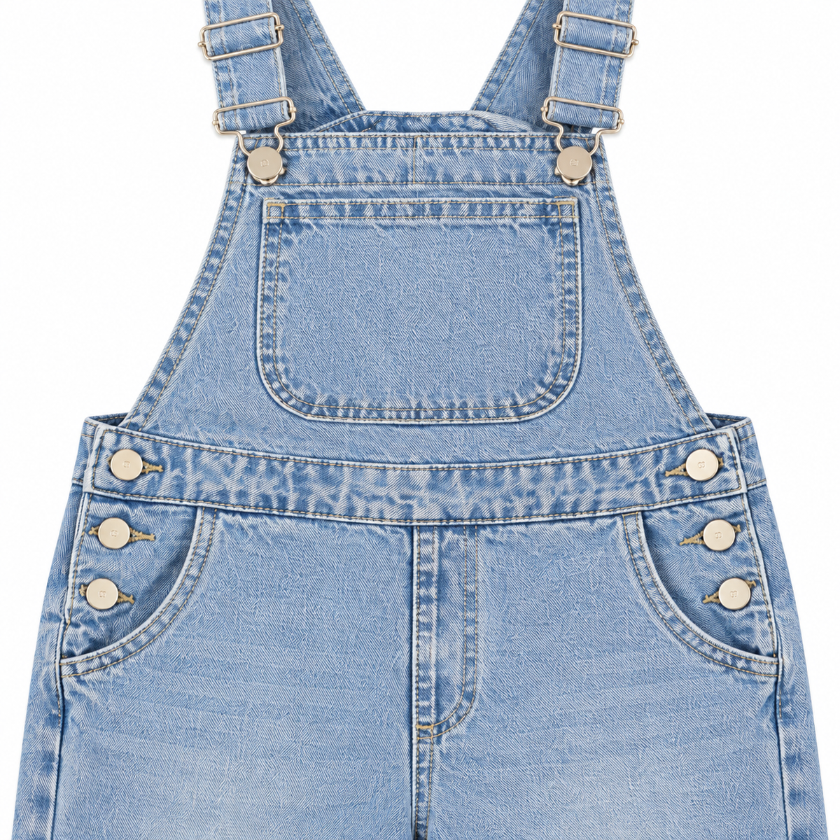 Girls Light Wash Denim Overalls Textured Salopette with Gold Buttons