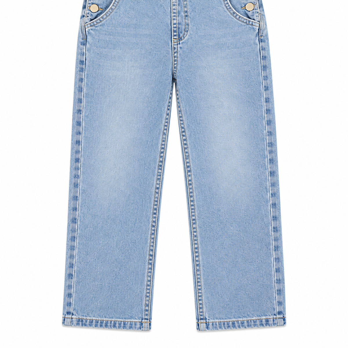 Girls Light Wash Denim Overalls Textured Salopette with Gold Buttons