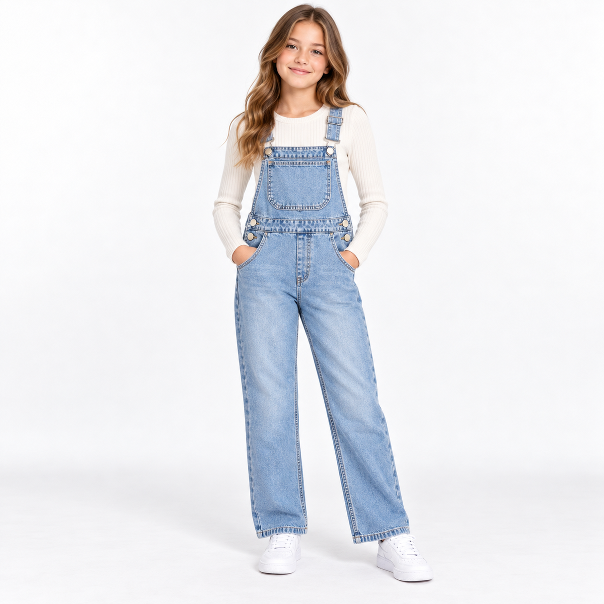 Girls Light Wash Denim Overalls Textured Salopette with Gold Buttons