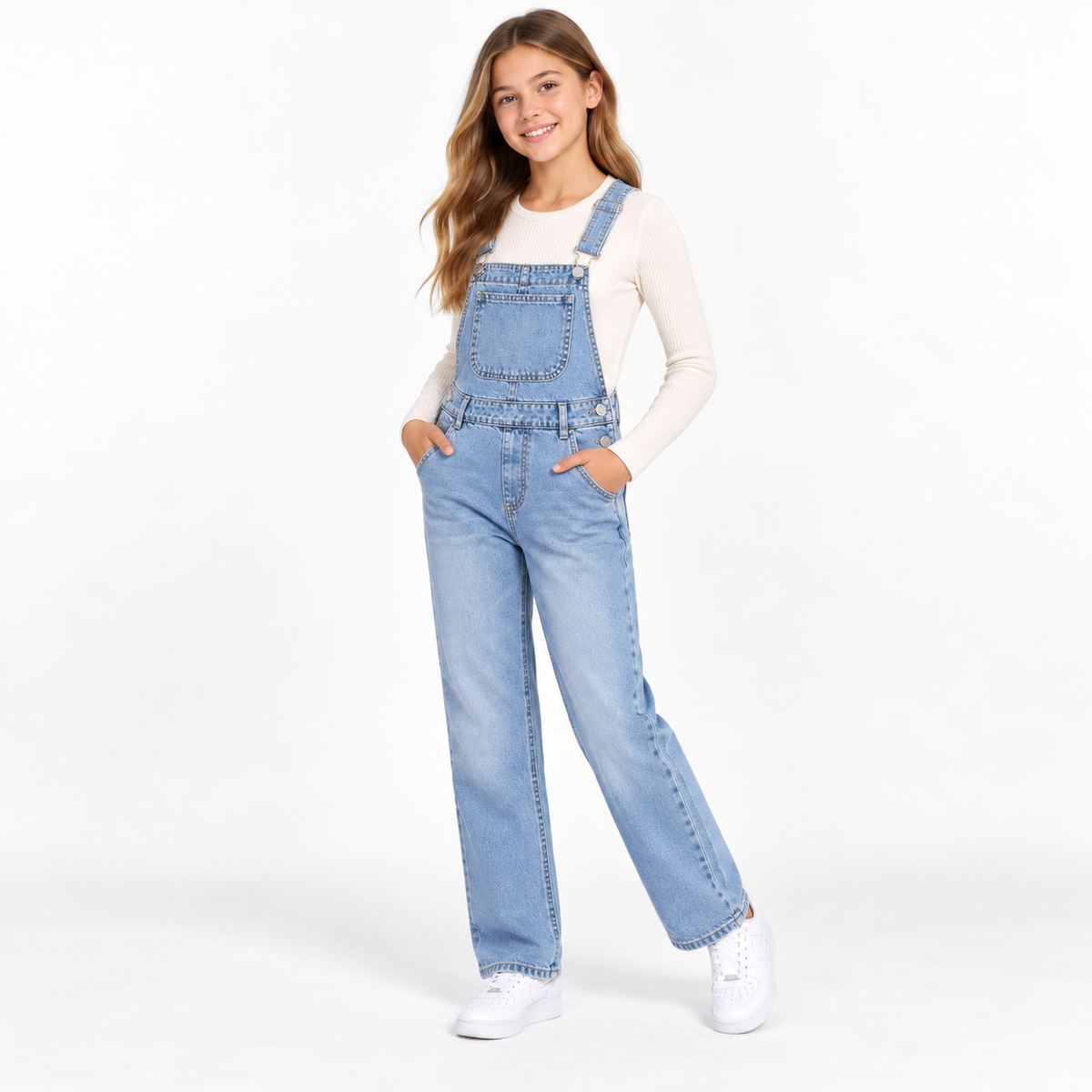 Girls Light Wash Denim Overalls Textured Salopette with Gold Buttons