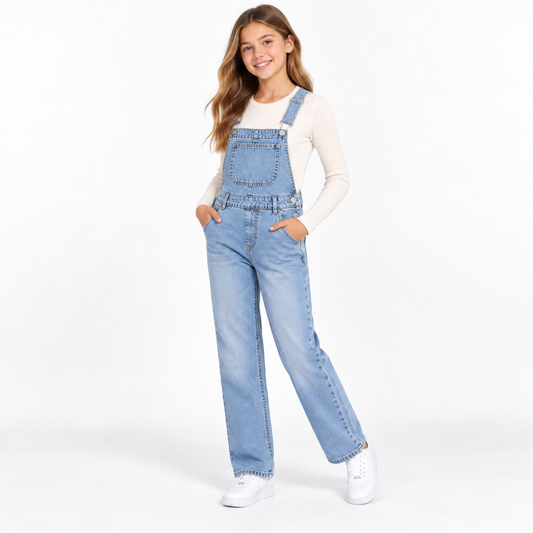 Girls Light Wash Denim Overalls Textured Salopette with Gold Buttons