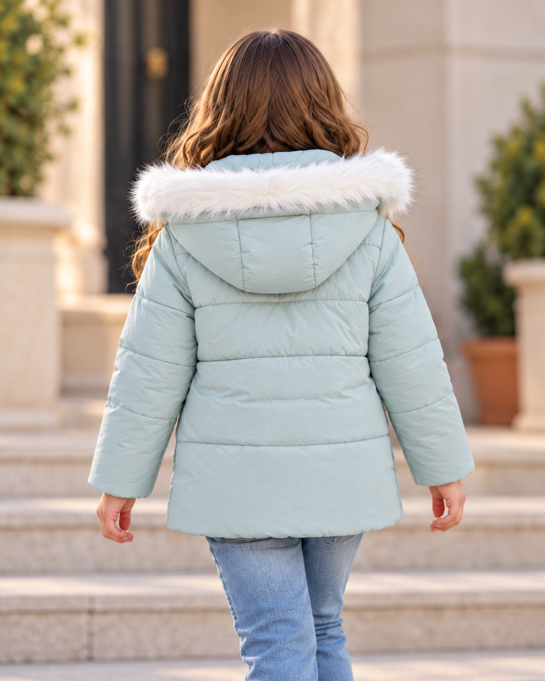 Mint Green Jacket with Fur Hood - Kids Story 8101