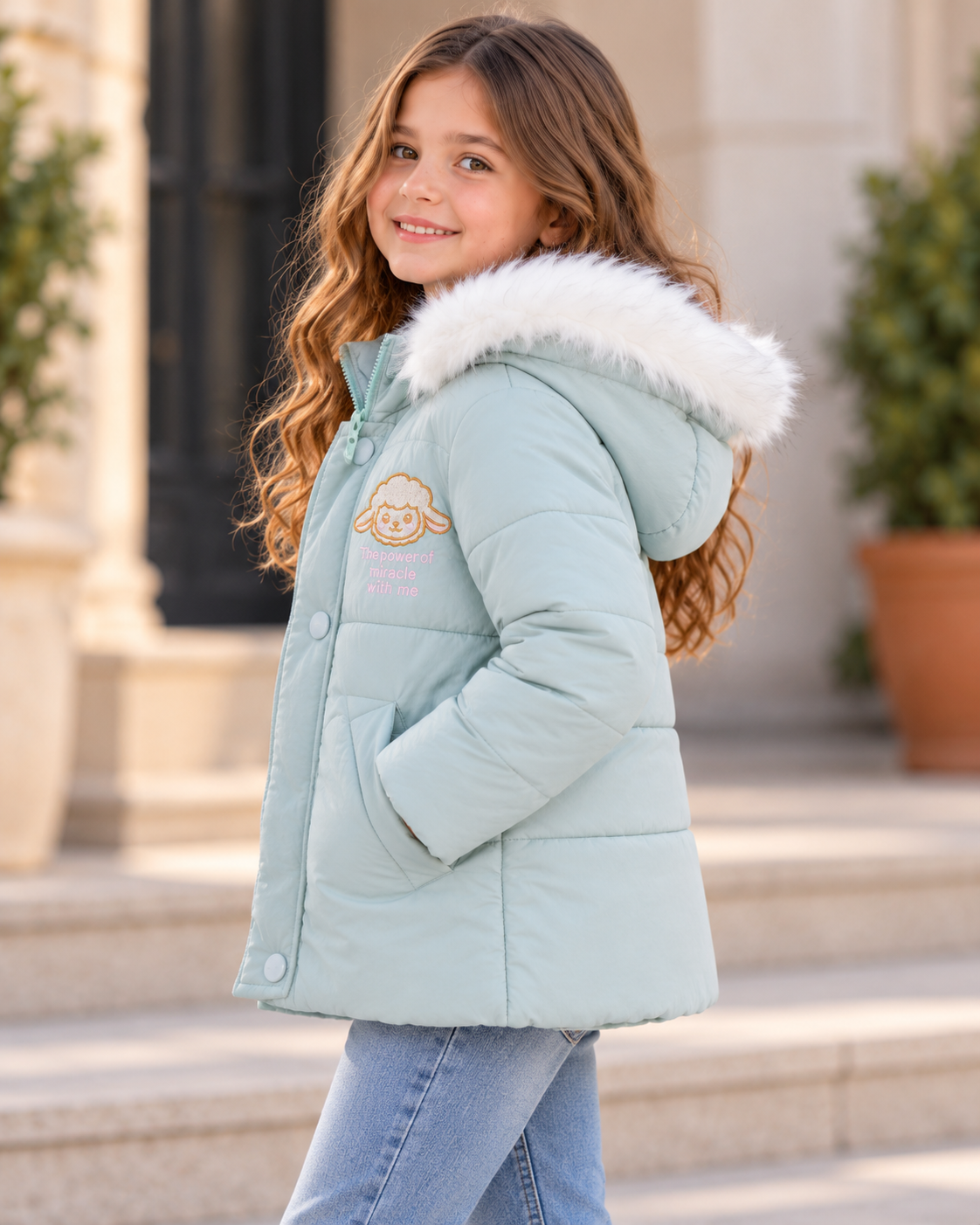 Mint Green Jacket with Fur Hood - Kids Story 8101