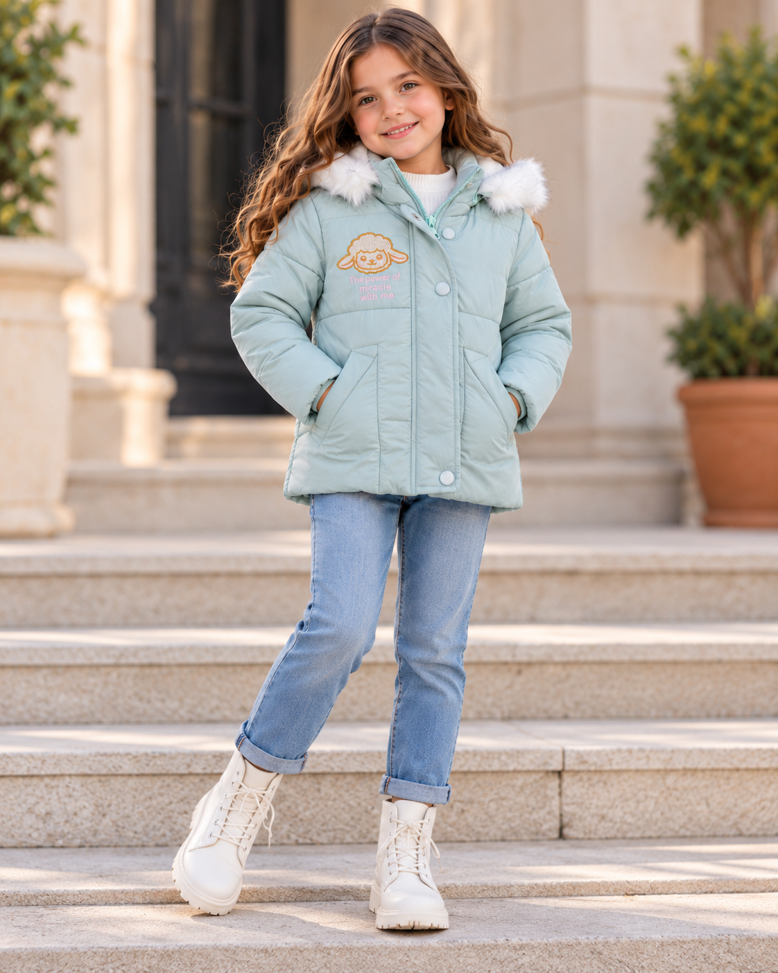 Mint Green Jacket with Fur Hood - Kids Story 8101