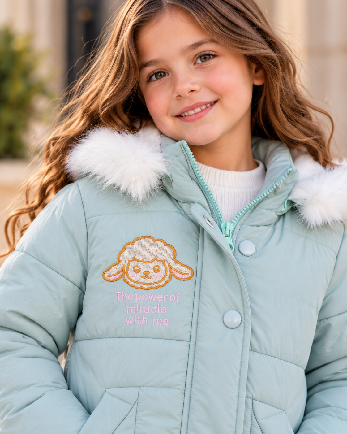 Mint Green Jacket with Fur Hood - Kids Story 8101