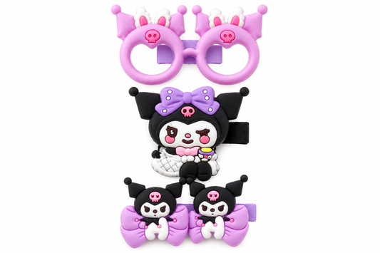 Cute Purple & Black Cartoon Hair Clip Set for Girls