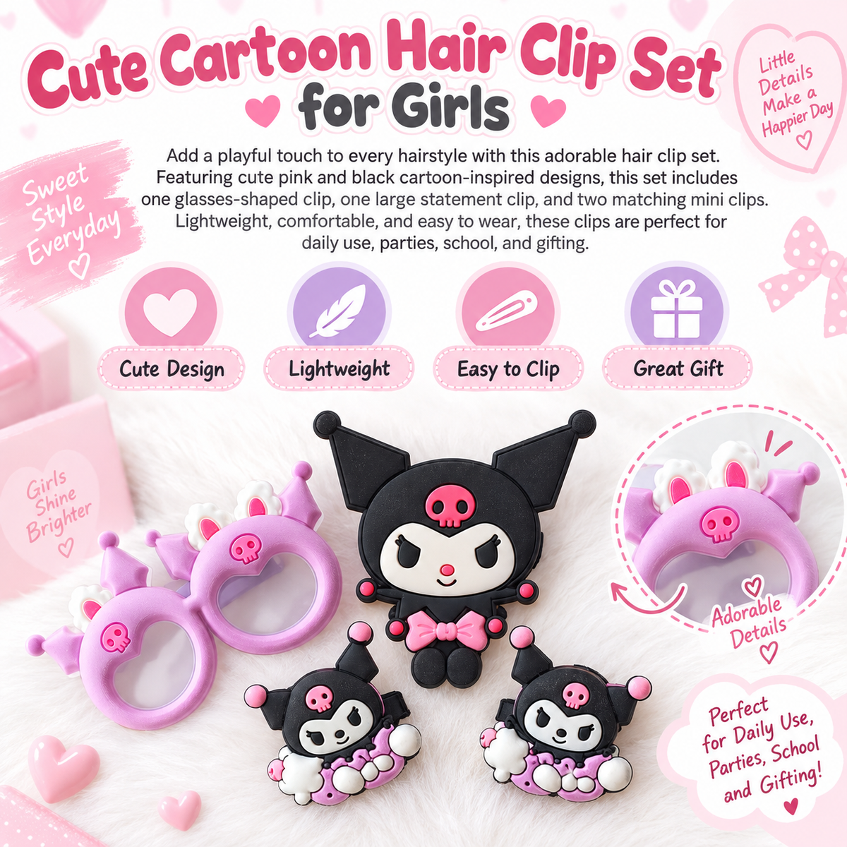 Cute Black & Pink Cartoon Hair Clip Set for Girls