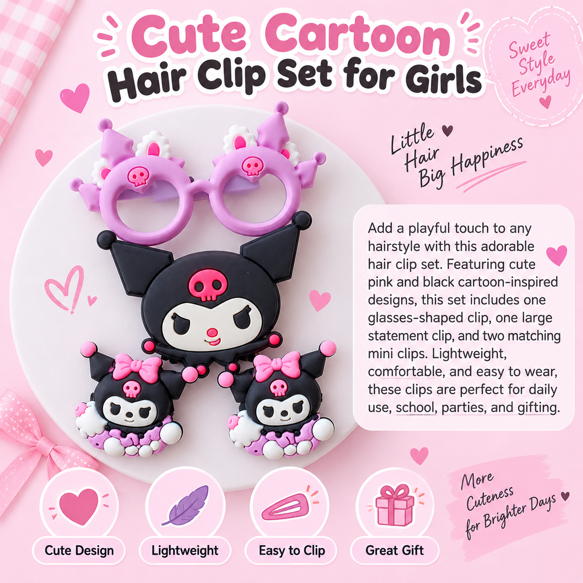 Cute Black & Pink Cartoon Hair Clip Set for Girls
