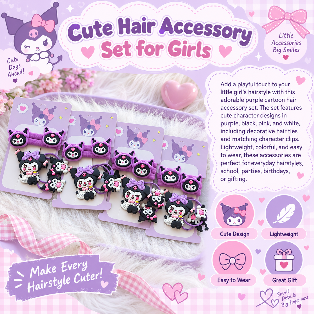 Cute Purple Cartoon Hair Accessory Set for Girls